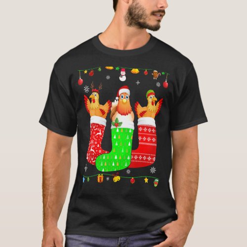 Three Chicken In Christmas Socks Matching Xmas Paj T-Shirt