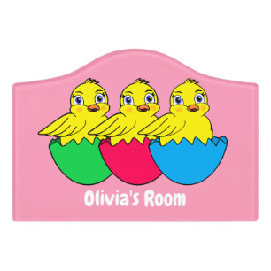 Three Chicks on a pink Door sign