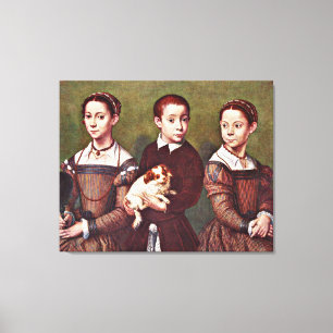 Three Children with Dog, fine art painting Canvas Print