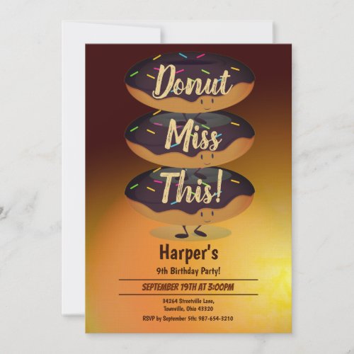 Three chocolatey donuts kids birthday invitation