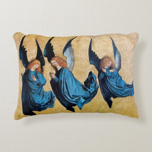 THREE CHRISTMAS ANGELS IN BLUE DECORATIVE PILLOW