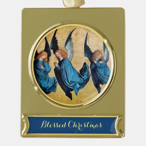THREE CHRISTMAS ANGELS IN BLUE GOLD PLATED BANNER ORNAMENT