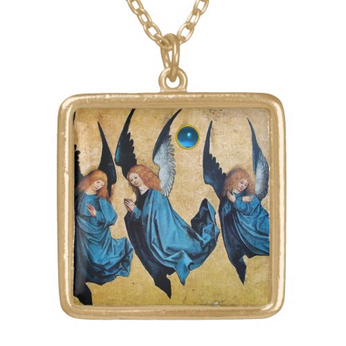 THREE CHRISTMAS ANGELS IN BLUE GOLD PLATED NECKLACE