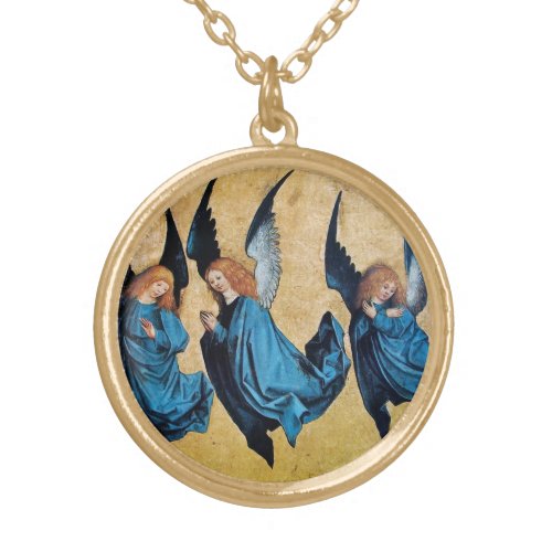 THREE CHRISTMAS ANGELS IN BLUE GOLD PLATED NECKLACE