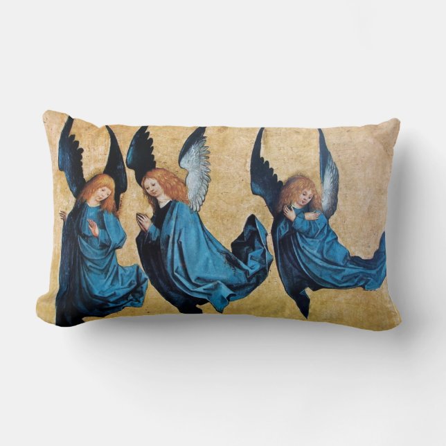 THREE CHRISTMAS ANGELS IN BLUE LUMBAR PILLOW (Front)