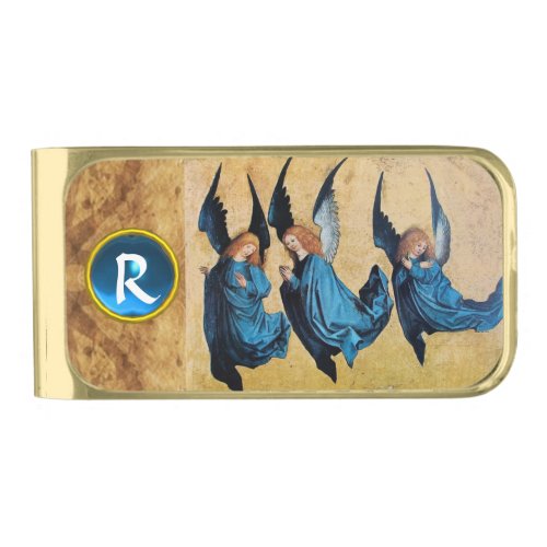 THREE CHRISTMAS ANGELS IN BLUE MONOGRAM Parchment Gold Finish Money Clip