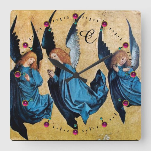 THREE CHRISTMAS ANGELS IN BLUE MONOGRAM SQUARE WALL CLOCK