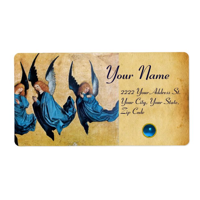 THREE CHRISTMAS ANGELS IN BLUE PARCHMENT, Sapphire Label (Front)