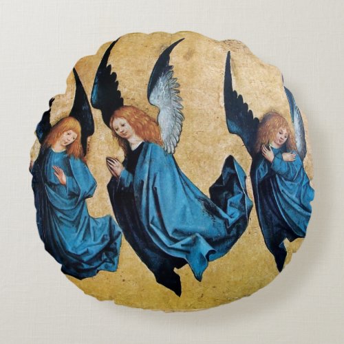 THREE CHRISTMAS ANGELS IN BLUE ROUND PILLOW