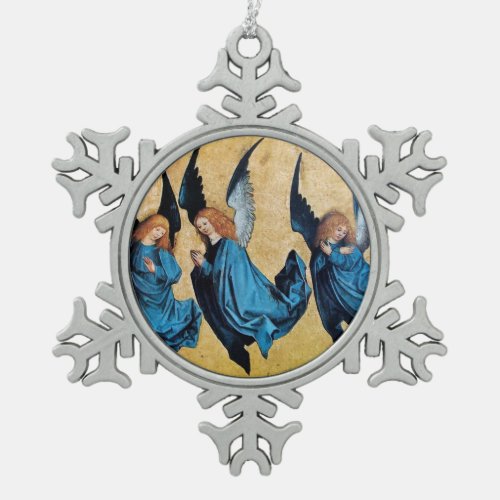 THREE CHRISTMAS ANGELS IN BLUE SNOWFLAKE PEWTER CHRISTMAS ORNAMENT