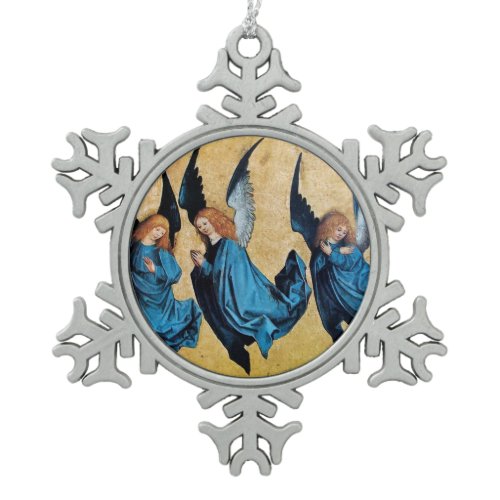 THREE CHRISTMAS ANGELS IN BLUE SNOWFLAKE PEWTER CHRISTMAS ORNAMENT