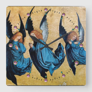 THREE CHRISTMAS ANGELS IN BLUE SQUARE WALL CLOCK