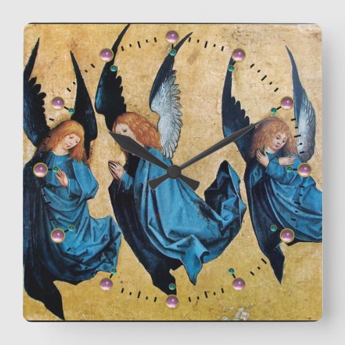 THREE CHRISTMAS ANGELS IN BLUE SQUARE WALL CLOCK
