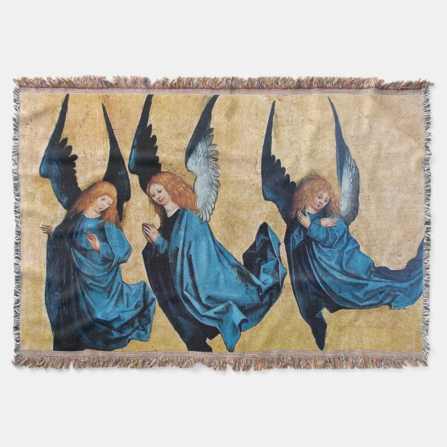 THREE CHRISTMAS ANGELS IN BLUE THROW BLANKET (Front)