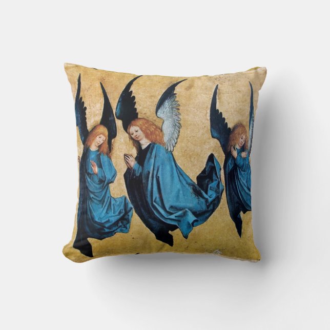 THREE CHRISTMAS ANGELS IN BLUE THROW PILLOW (Front)