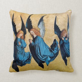 THREE CHRISTMAS ANGELS IN BLUE THROW PILLOW