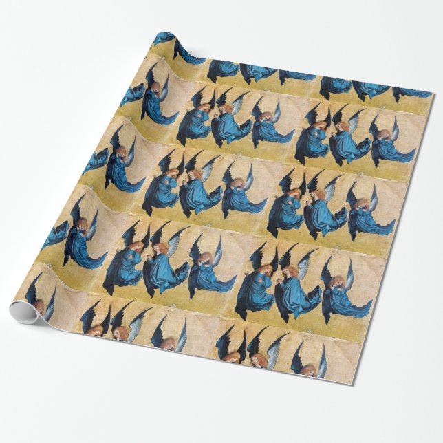 THREE CHRISTMAS ANGELS IN BLUE WRAPPING PAPER (Unrolled)