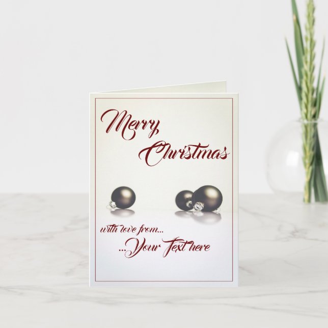 Three christmas balls in front of light background card (Front)