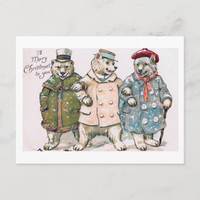 "Three Christmas Bears" Vintage Holiday Postcard (Front)