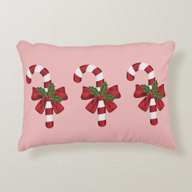 Three Christmas Candy Canes On Light Pink Accent Pillow (Front)