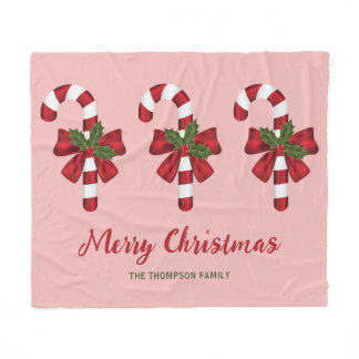 Three Christmas Candy Canes With Custom Text Fleece Blanket
