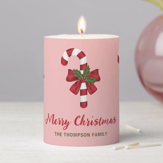 Three Christmas Candy Canes With Custom Text Pillar Candle (In Situ)