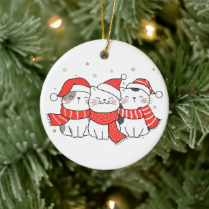 Three Christmas Cats in Hats and Scarves Ceramic Ornament