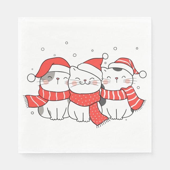 Three Christmas Cats in Hats and Scarves Napkins (Front)