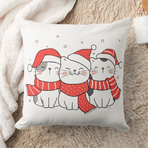 Three Christmas Cats in Hats and Scarves Throw Pillow