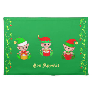Three Christmas Elves on Green Cloth Placemat