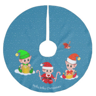 Three Christmas Elves on Sapphire Blue Brushed Polyester Tree Skirt