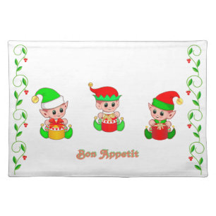 Three Christmas Elves on White Cloth Placemat