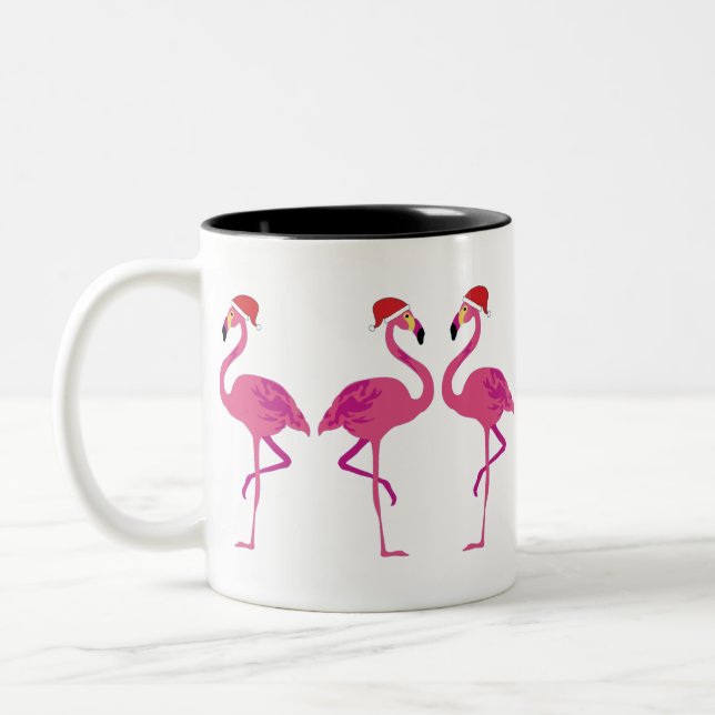 Three Christmas Flamingos Two-Tone Coffee Mug (Left)