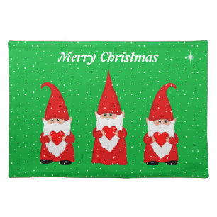 Three Christmas Gnomes Dressed in Red on Green Cloth Placemat