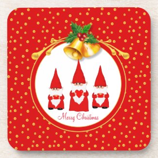 Three Christmas Gnomes & Golden Confetti on Red