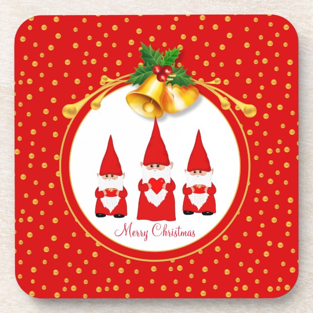 Three Christmas Gnomes & Golden Confetti on Red Beverage Coaster (Front)