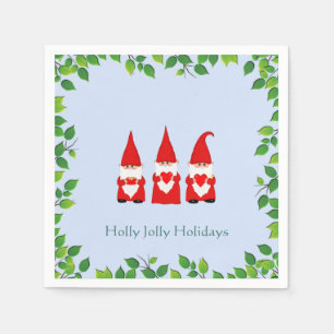 Three Christmas Gnomes & Leaf Frame on Light Blue Napkins