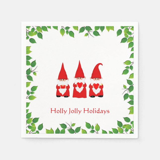 Three Christmas Gnomes & Leaf Frame on White  Napkins (Front)