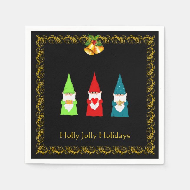 Three Christmas Gnomes on Black Napkins (Front)