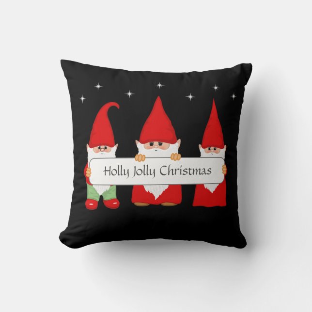 Three Christmas Gnomes on Black Throw Pillow (Front)