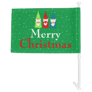 Three Christmas Gnomes on Green Car Flag