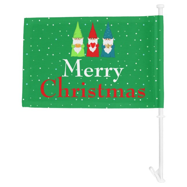 Three Christmas Gnomes on Green Car Flag (Back)