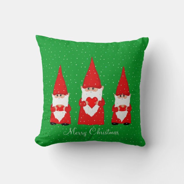 Three Christmas Gnomes on Green Throw Pillow (Front)