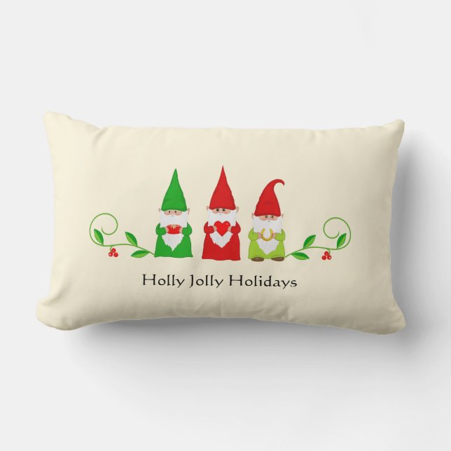 Three Christmas Gnomes on Ivory Lumbar Pillow (Front)