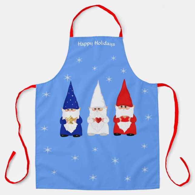Three Christmas Gnomes on Light Blue Apron (Front)