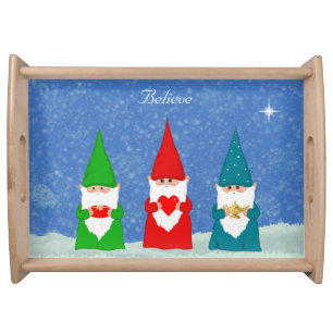 Three Christmas Gnomes on Light Blue Serving Tray