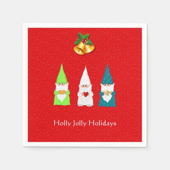Three Christmas Gnomes on Red Napkins (Front)