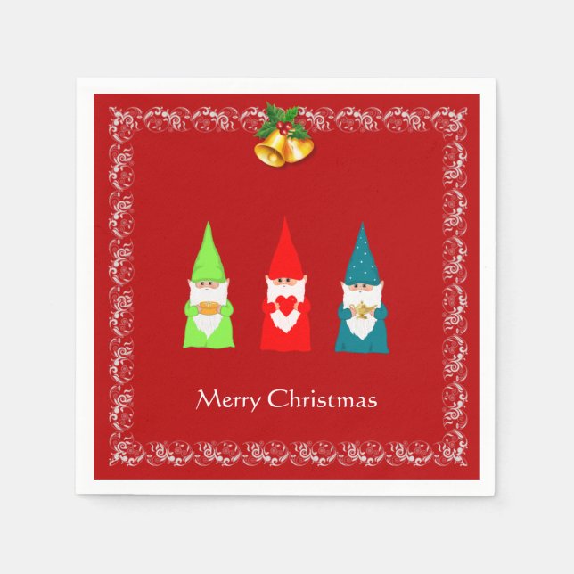 Three Christmas Gnomes on Red Napkins (Front)