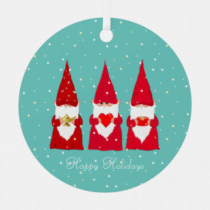 Three Christmas Gnomes on Teal Metal Ornament