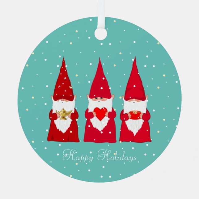 Three Christmas Gnomes on Teal Metal Ornament (Front)